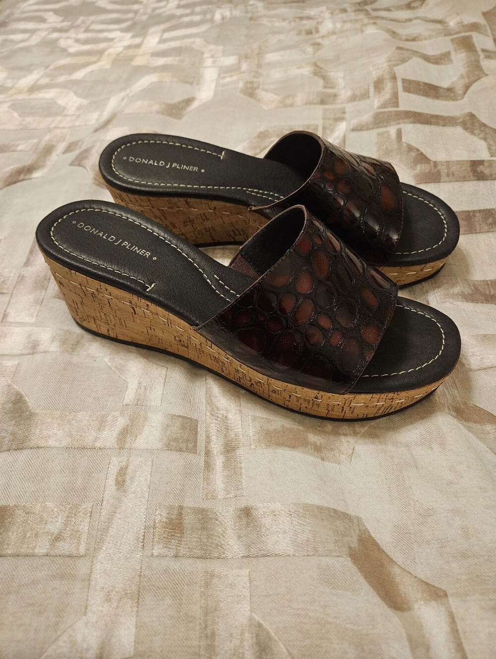 Donald J. Pliner Brown Croc Tortoise Shell Cork Wedge Slide Sandals